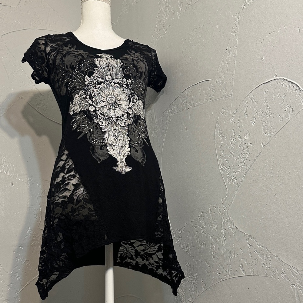 Vocal Black Top with White Lace Design - Picture 8 of 12